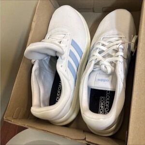 adidas White Sneakers with Light Blue Three Stripes